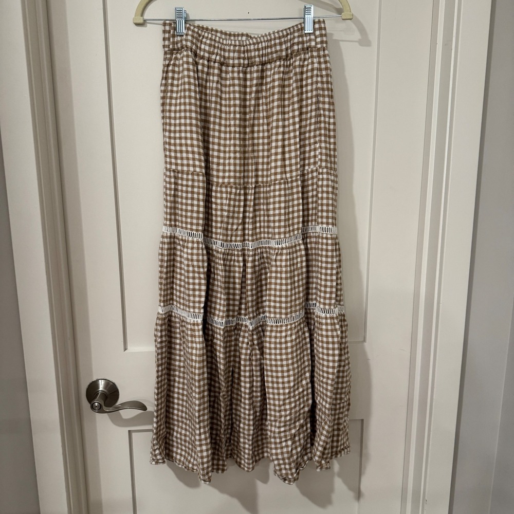Madewell Gingham Tiered Maxi Skirt Tan White Eyelet Lace Elastic Waist XS